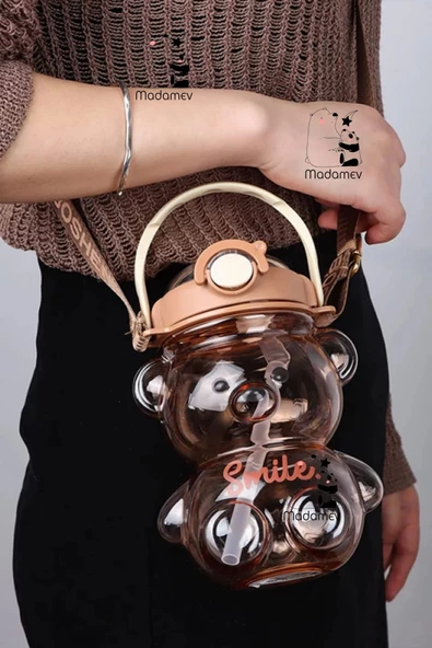 2li Şeffaf Smile Ayıcık Matarası 1000ml Askılı Okul Çocuk Su Şişesi Pipetli Sızdırmaz Kokusuz Suluk - 5