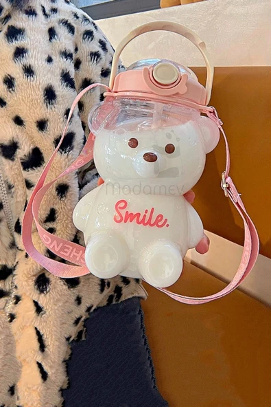 Şeffaf Smile Pink Ayıcık Su Matarası 1000ml Askılı Çocuk Su Şişesi Pipetli Sızdırmaz Kokusuz Suluk - 3
