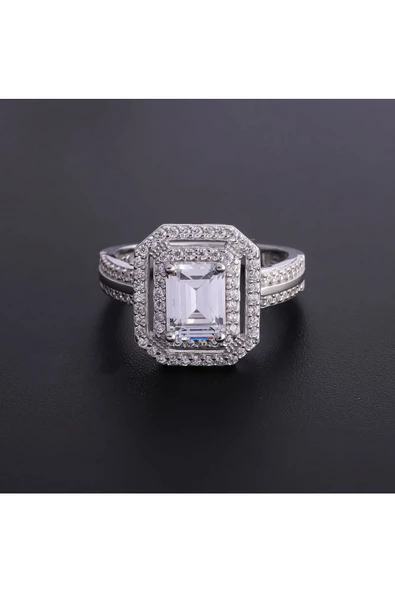 Tek Taş Geniş Baget Taşlı Model Yüzük 925 Ayar Gümüş - Resim 2