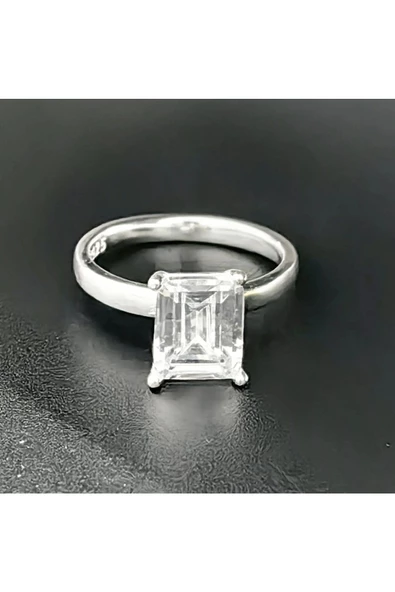 Baget Tek Taş Frapan Yüzük 925 Ayar Gümüş - Resim 2