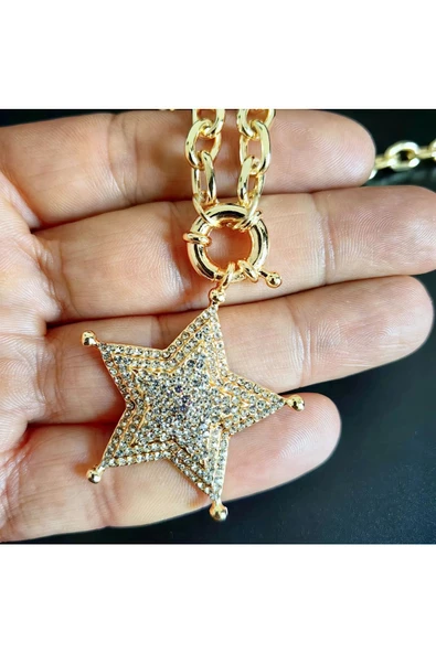 Yıldız Motifli Ve Kalın Zincir Kaplama Zirkon Taşlı Bay Bijuteri Kolye Zincir - Resim 3