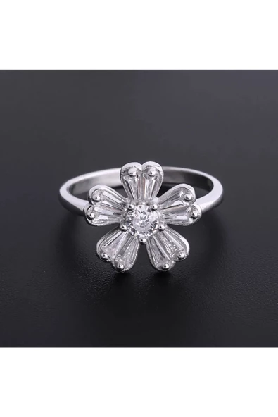 Tek Taş Çiçek Modeli Taşlı Yüzük 925 Ayar Gümüş - Resim 2