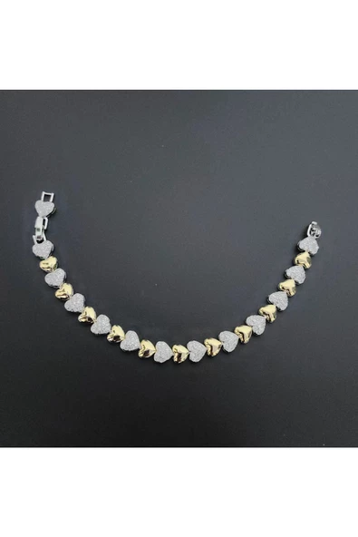 Altın Ve Gümüş Renkli Zirkon Taşlı Kalp Suyolu Modeli Ayarlanabilir Bijuteri Bileklik - 3