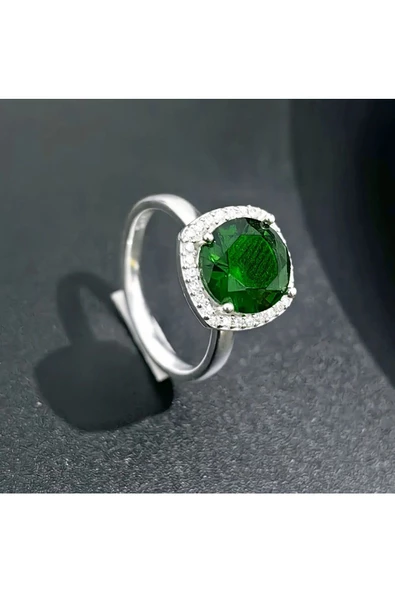 Yuvarlak Tek Taşlı Yeşil Renkli Frapan Yüzük 925 Ayar Gümüş - Resim 2