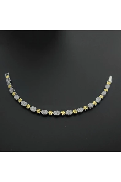 Altın Ve Gümüş Renkli Zirkon Taşlı Çiçekli Suyolu Modeli Ayarlanabilir Bijuteri Bileklik - 4