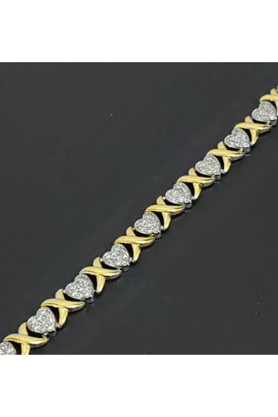 Altın Ve Gümüş Renkli Zirkon Taşlı Kalplii Ayarlanabilir Bijuteri Bileklik ürün görseli