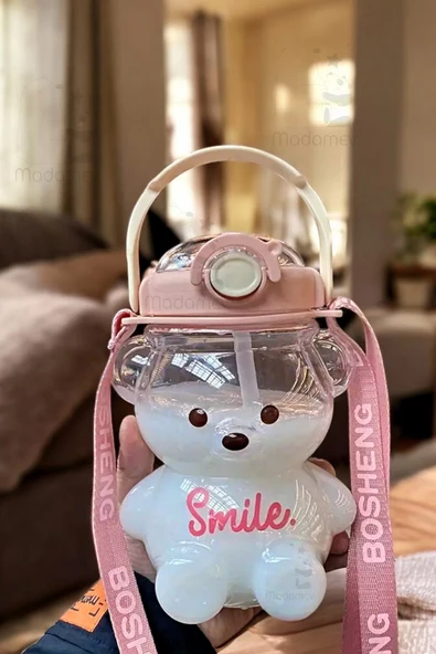 Şeffaf Smile Pink Ayıcık Su Matarası 1000ml Askılı Çocuk Su Şişesi Pipetli Sızdırmaz Kokusuz Suluk - 2
