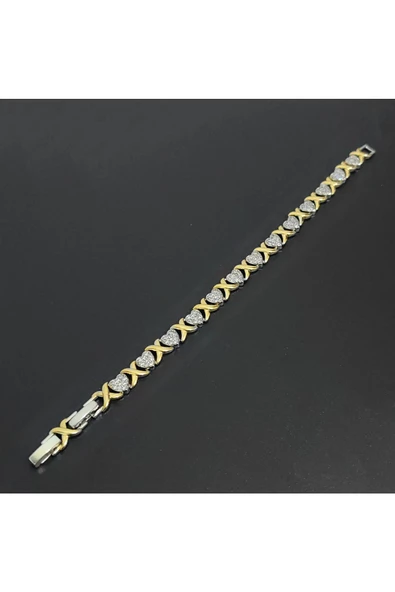 Altın Ve Gümüş Renkli Zirkon Taşlı Kalplii Ayarlanabilir Bijuteri Bileklik - Resim 4