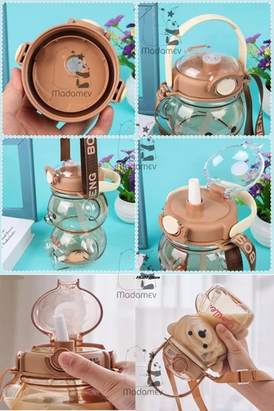 Şeffaf Smile Pink Ayıcık Su Matarası 1000ml Askılı Çocuk Su Şişesi Pipetli Sızdırmaz Kokusuz Suluk - 4