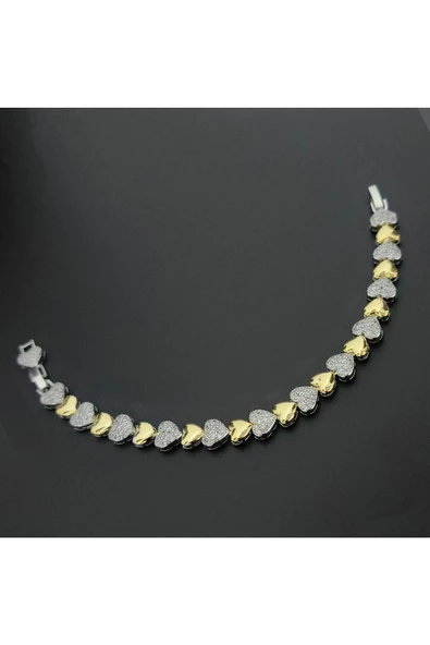 Altın Ve Gümüş Renkli Zirkon Taşlı Kalp Suyolu Modeli Ayarlanabilir Bijuteri Bileklik - 2