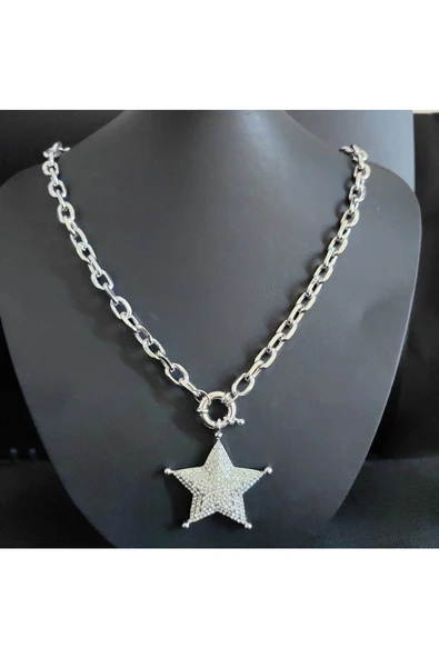 Yıldız Motifli Ve Kalın Zincir Gümüş Kaplama Zirkon Taşlı Bay Bijuteri Kolye Zincir - 2