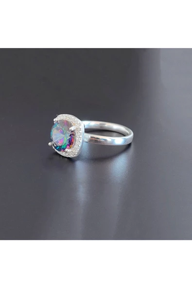 Yuvarlak Tek Taşlı Mistik Renkli Frapan Yüzük 925 Ayar Gümüş - Resim 3