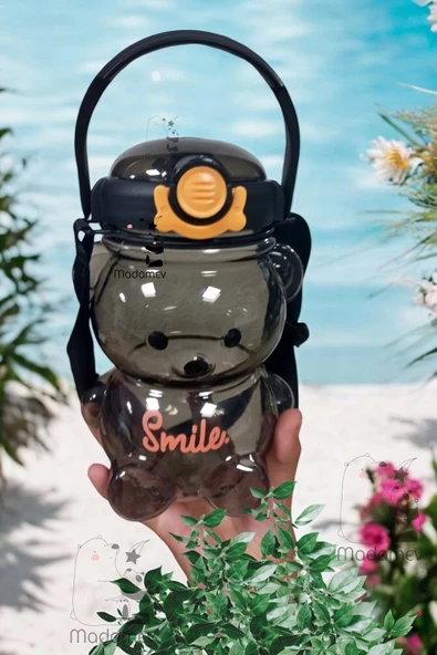 Şeffaf Smile Ayıcık Black Su Matarası 1000ml Askılı Çocuk Su Şişesi Pipetli Sızdırmaz Kokusuz Suluk - 2