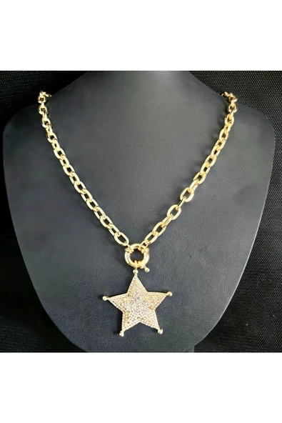 Yıldız Motifli Ve Kalın Zincir Kaplama Zirkon Taşlı Bay Bijuteri Kolye Zincir - Resim 4