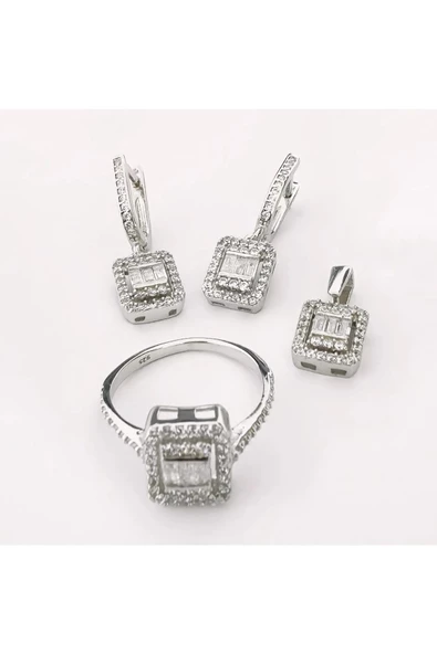 Dikdörtgen Taşlı  Zarif Dörtlü Set  925 Ayar Gümüş(Yüzük, Bir Çift Küpe, Kolye Ucu) ürün görseli