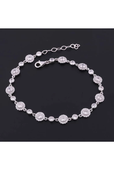 Yuvarlak Zirkon Taşlı Zincirli Bileklik 925 Ayar Gümüş - Resim 2