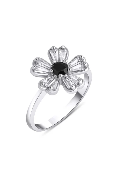 Ortası Siyah Renkli Tek Taş Çiçek Modeli Yüzük 925 Ayar Gümüş