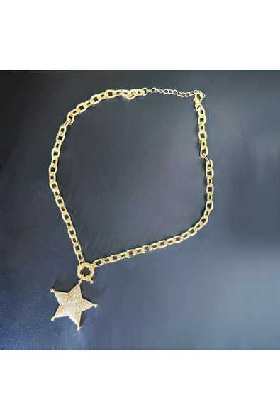 Yıldız Motifli Ve Kalın Zincir Kaplama Zirkon Taşlı Bay Bijuteri Kolye Zincir - Resim 2