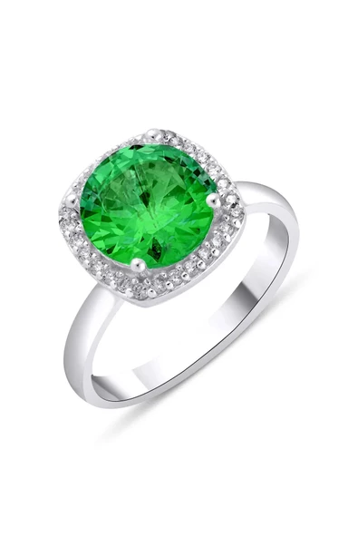 Yuvarlak Tek Taşlı Yeşil Renkli Frapan Yüzük 925 Ayar Gümüş ürün görseli