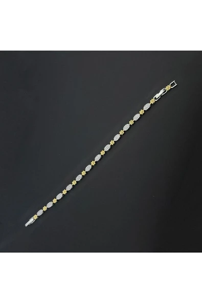 Altın Ve Gümüş Renkli Zirkon Taşlı Çiçekli Suyolu Modeli Ayarlanabilir Bijuteri Bileklik - 3