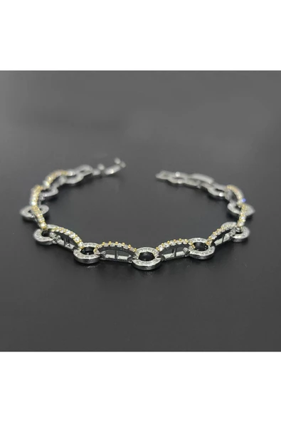 Altın Ve Gümüş Renkli Zirkon Taşlı Oval Ayarlanabilir Bijuteri Bileklik ürün görseli