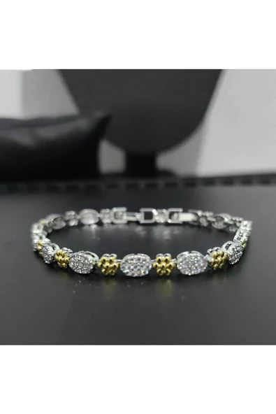 Altın Ve Gümüş Renkli Zirkon Taşlı Çiçekli Suyolu Modeli Ayarlanabilir Bijuteri Bileklik