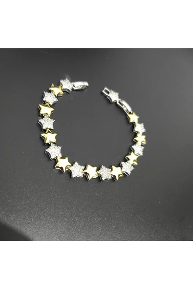 Altın Ve Gümüş Renkli Zirkon Taşlı Yıldız Modeli Ayarlanabilir Bijuteri Bileklik - Resim 2