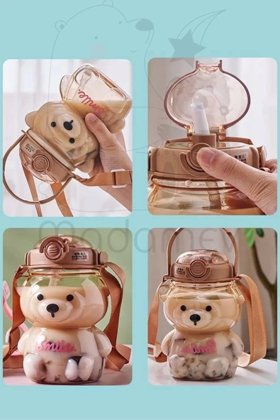 Şeffaf Smile Ayıcık Su Matarası 1000ml Askılı Okul Çocuk Su Şişesi Pipetli Sızdırmaz Kokusuz Suluk - 3