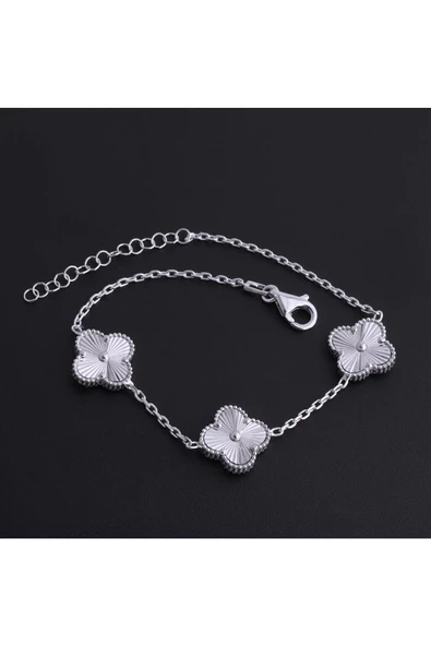 Sade Zirkon Taşlı Üçlü Yonca 1.5 Cm Zincirli Bileklik 925 Ayar Gümüş - Resim 2