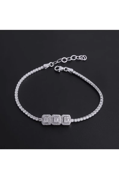 (925 AYAR) Gümüş Zirkon Taşlı Zincirli Suyolu Bileklik - Resim 2