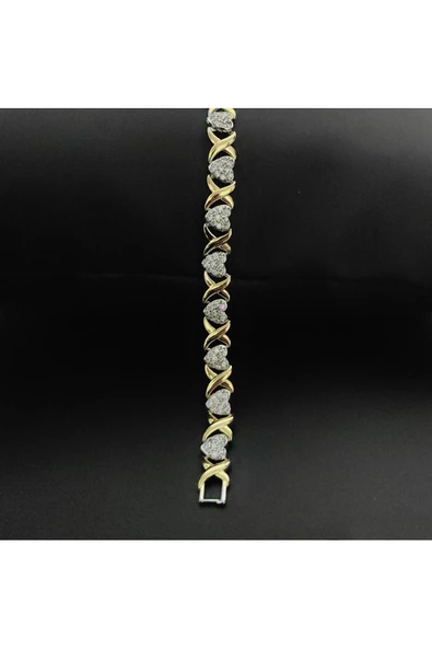 Altın Ve Gümüş Renkli Zirkon Taşlı Kalplii Ayarlanabilir Bijuteri Bileklik - Resim 3