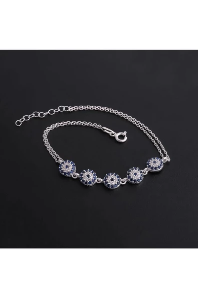 925 Ayar Gümüş Mavi Beyaz Zirkon Taşlı Zincirli Bileklik - Resim 2