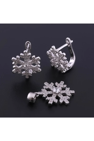 Kar Tanesi Zirkon Taşlı Üçlü Set Gümüş (925 Ayar) (Bir Çift Küpe, Kolye ucu) - Resim 2