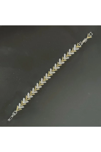 Altın Ve Gümüş Renkli Zirkon Taşlı Ayarlanabilir Ölçülü Bijuteri Bileklik - Resim 2