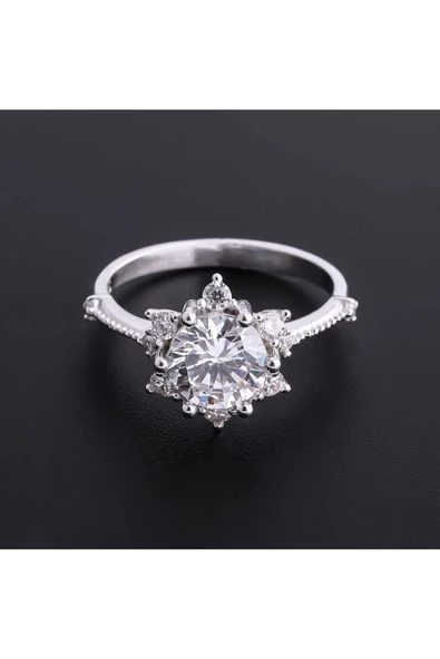 Tek Taş Kar Tanesi Yüzük 925 Ayar Gümüş - Resim 2