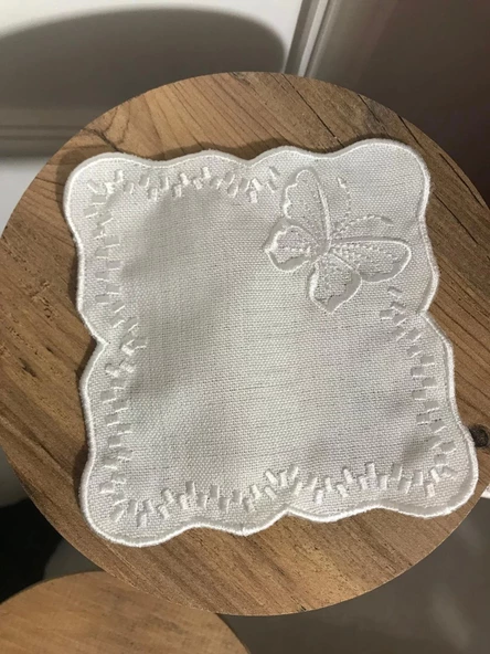 NİVEMESHOME KELEBEK BEYAZ KARE (6 ADET) KETEN KOKTEYL PEÇETESİ KAHVE YANI SUNUMLUK - 3