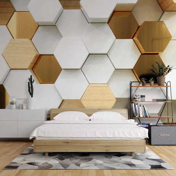 3 Boyutlu Beyaz, Gold, Ahşap Altıgen Geometri Duvar Kağıdı Baskı - Resim 2