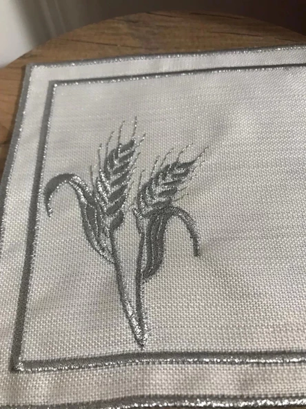 NİVEMESHOME BAŞAK NAKIŞLI GÜMÜŞ KARE (6 ADET) KETEN KOKTEYL PEÇETESİ KAHVE YANI SUNUMLUK - 4