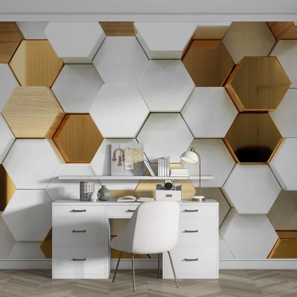 3 Boyutlu Beyaz, Gold, Ahşap Altıgen Geometri Duvar Kağıdı Baskı - Resim 4