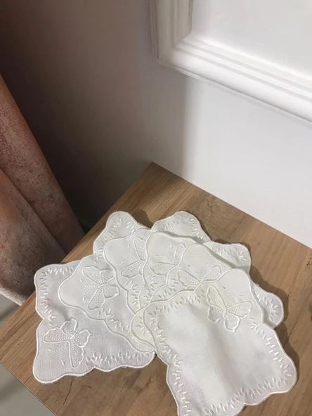 NİVEMESHOME KELEBEK BEYAZ KARE (6 ADET) KETEN KOKTEYL PEÇETESİ KAHVE YANI SUNUMLUK - 5