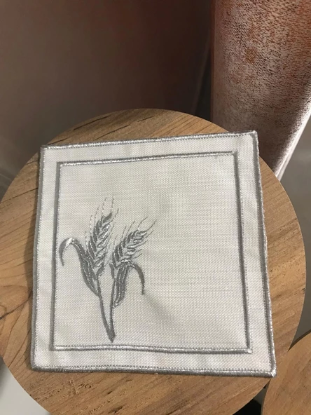 NİVEMESHOME BAŞAK NAKIŞLI GÜMÜŞ KARE (6 ADET) KETEN KOKTEYL PEÇETESİ KAHVE YANI SUNUMLUK - 3