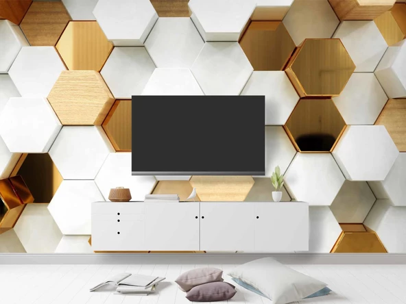 3 Boyutlu Beyaz, Gold, Ahşap Altıgen Geometri Duvar Kağıdı Baskı - Resim 3