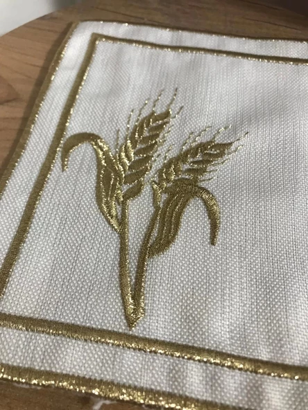 NİVEMESHOME BAŞAK NAKIŞLI GOLD KARE (6 ADET) KETEN KOKTEYL PEÇETESİ KAHVE YANI SUNUMLUK - 2