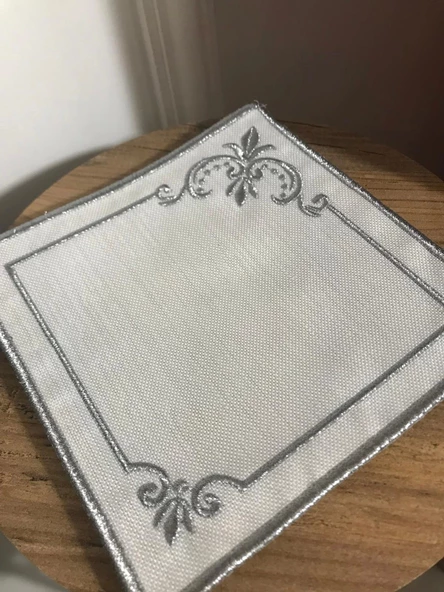 NİVEMESHOME MİHRİMAH NAKIŞLI GÜMÜŞ KARE (6 ADET) KETEN KOKTEYL PEÇETESİ KAHVE YANI SUNUMLUK - 2