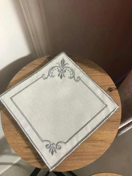 NİVEMESHOME MİHRİMAH NAKIŞLI GÜMÜŞ KARE (6 ADET) KETEN KOKTEYL PEÇETESİ KAHVE YANI SUNUMLUK - 5
