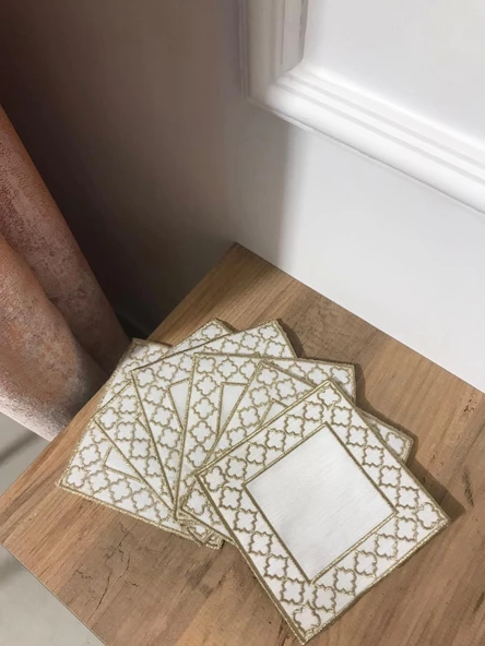 NİVEMESHOME FAS NAKIŞLI GOLD KARE (6 ADET) KETEN KOKTEYL PEÇETESİ KAHVE YANI SUNUMLUK - 5