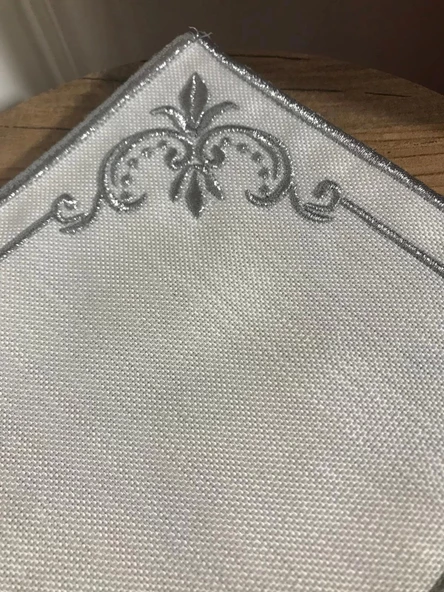 NİVEMESHOME MİHRİMAH NAKIŞLI GÜMÜŞ KARE (6 ADET) KETEN KOKTEYL PEÇETESİ KAHVE YANI SUNUMLUK - 3