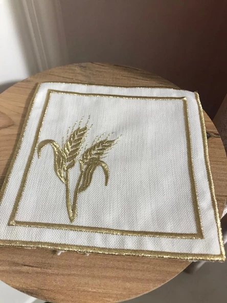 NİVEMESHOME BAŞAK NAKIŞLI GOLD KARE (6 ADET) KETEN KOKTEYL PEÇETESİ KAHVE YANI SUNUMLUK - 4