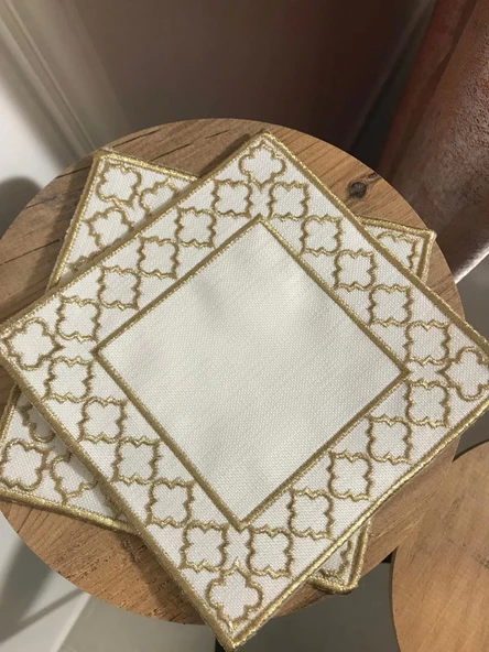NİVEMESHOME FAS NAKIŞLI GOLD KARE (6 ADET) KETEN KOKTEYL PEÇETESİ KAHVE YANI SUNUMLUK - 4