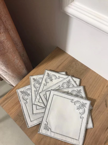 NİVEMESHOME MİHRİMAH NAKIŞLI GÜMÜŞ KARE (6 ADET) KETEN KOKTEYL PEÇETESİ KAHVE YANI SUNUMLUK - 4